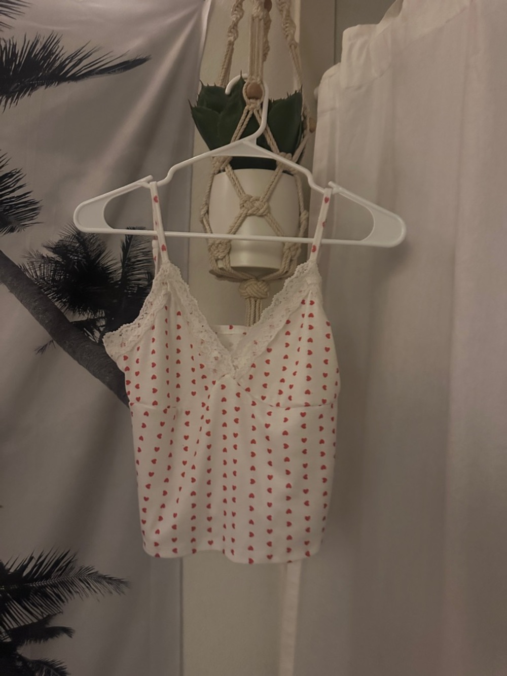 SHEIN White Cami with Red Heart Print and Lace Trim